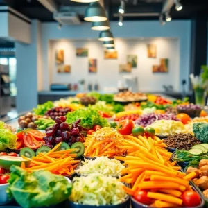 Fresh salad bar with colorful vegetables and toppings