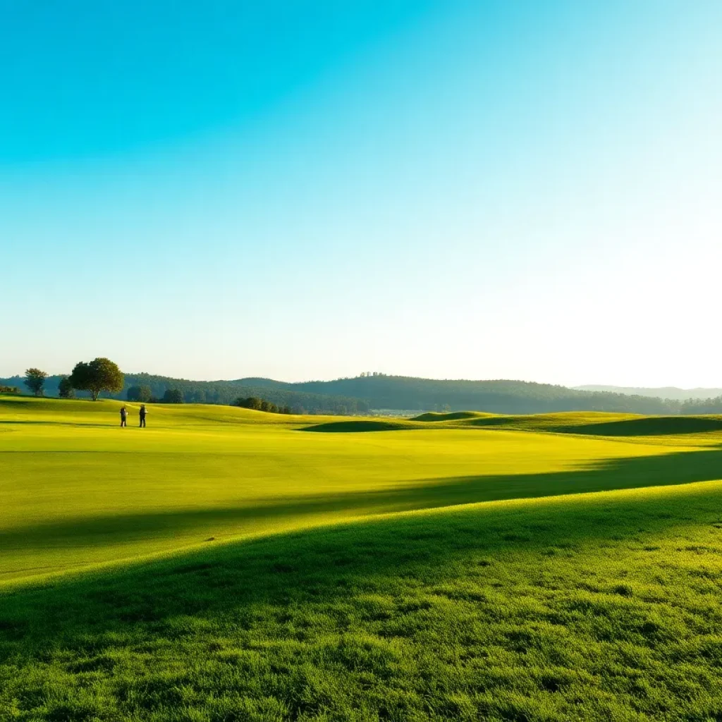 A breathtaking view of golfers on a lush green golf course under a blue sky.