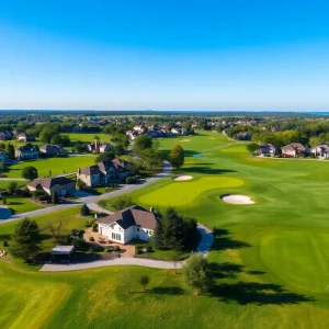 Aerial view of a golf course community with homes and greens