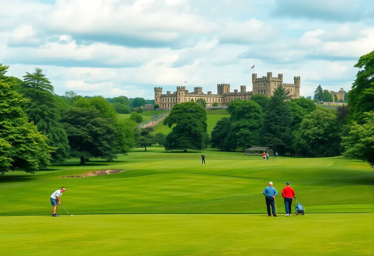 A picturesque UK golf course surrounded by greenery and a castle in the background.