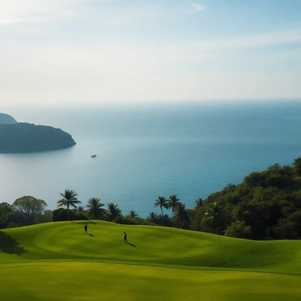 Aerial view of a picturesque golf course in Vietnam with coastal scenery.