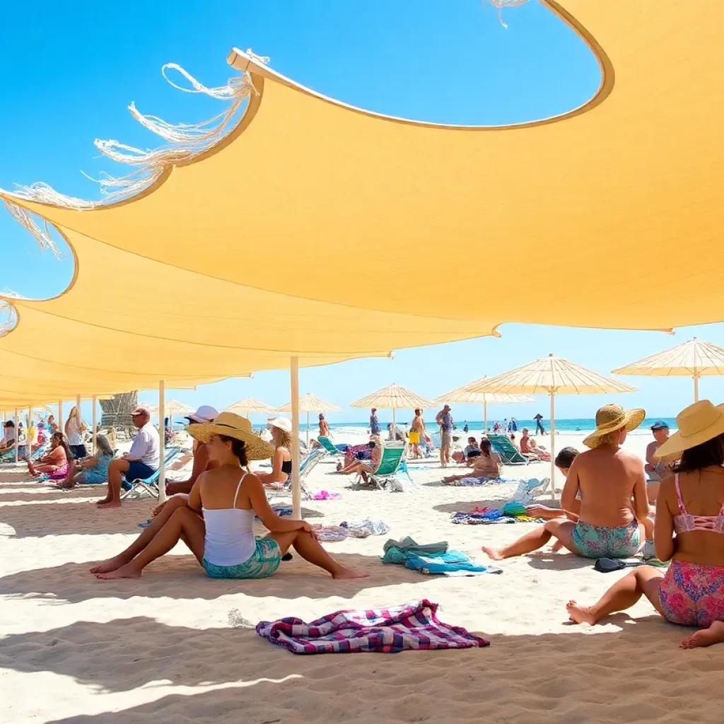 Wind-driven beach shades used on Horry County beach with people relaxing.