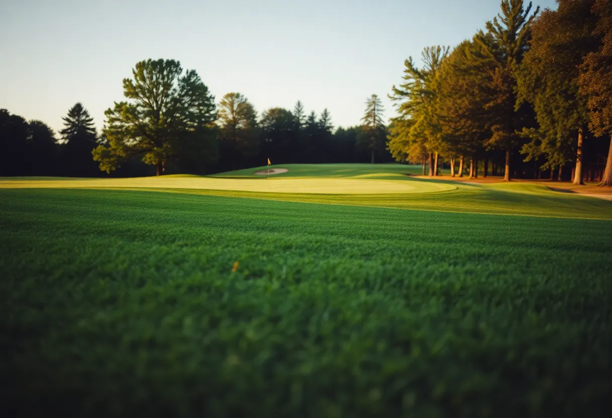 Close up of a beautiful golf course with lush greenery