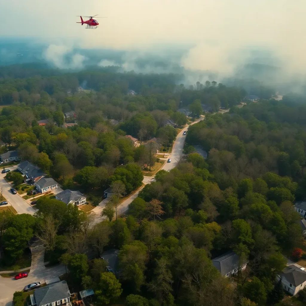 Aerial view of wildfires affecting Carolina Forest with smoke rising