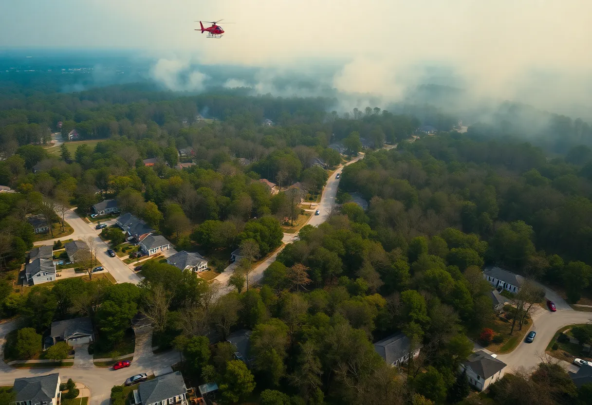 Aerial view of wildfires affecting Carolina Forest with smoke rising