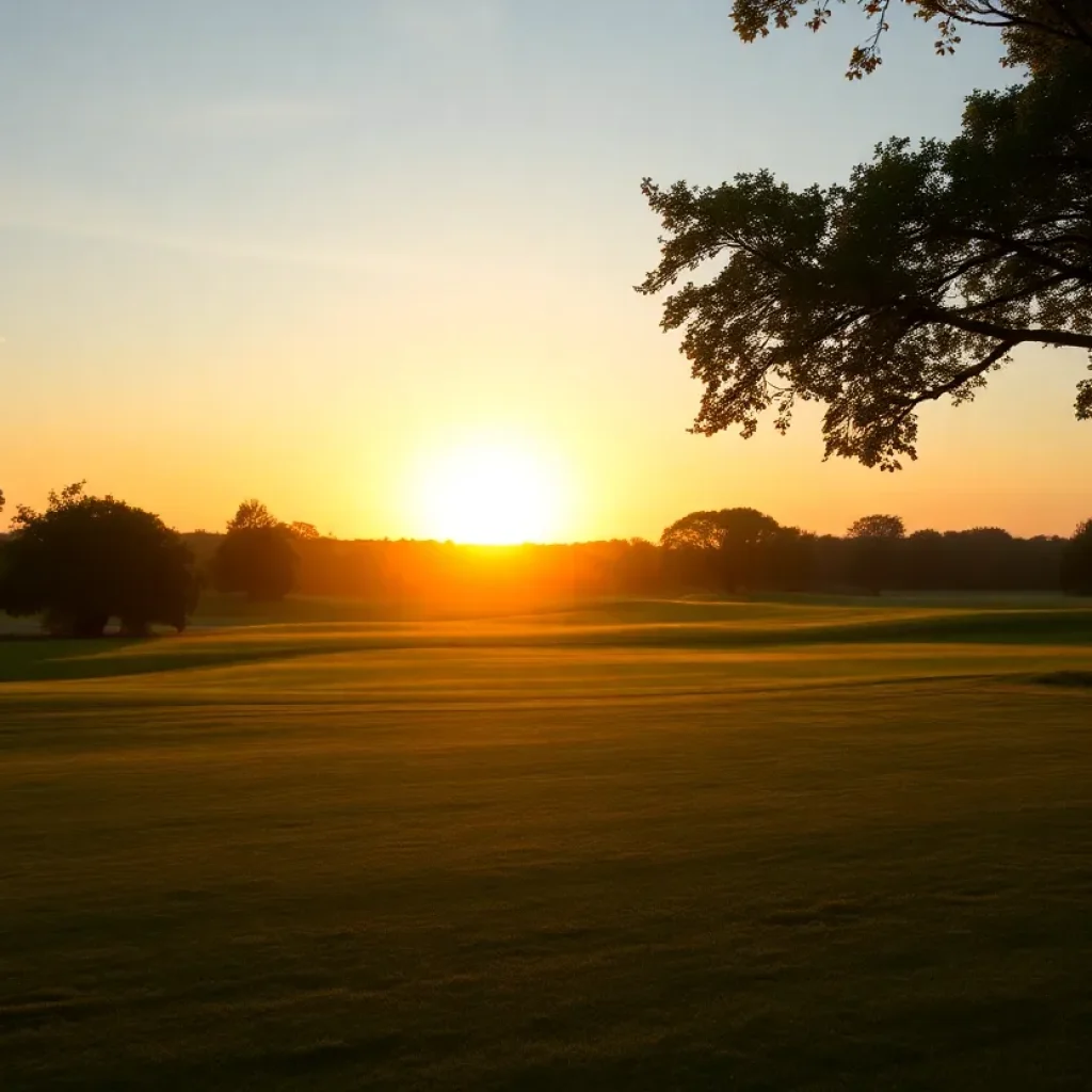 View of a golf course showcasing a beautiful sunset