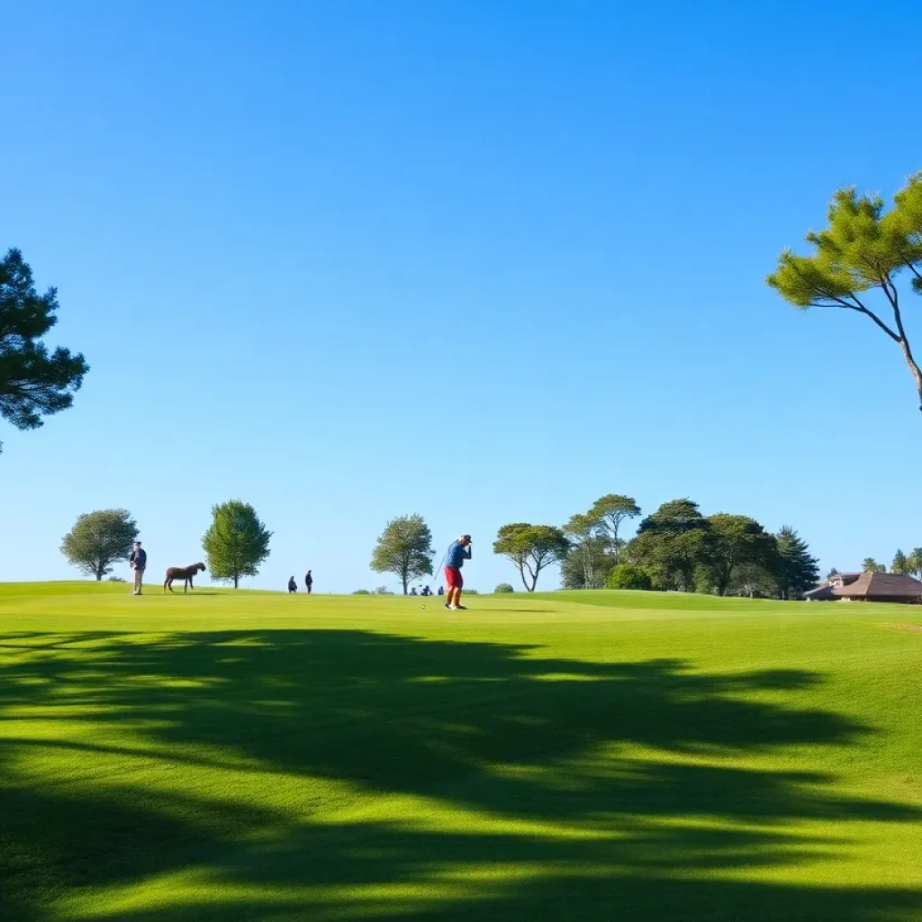 A busy golf course in Georgetown County with golfers and beautiful scenery.