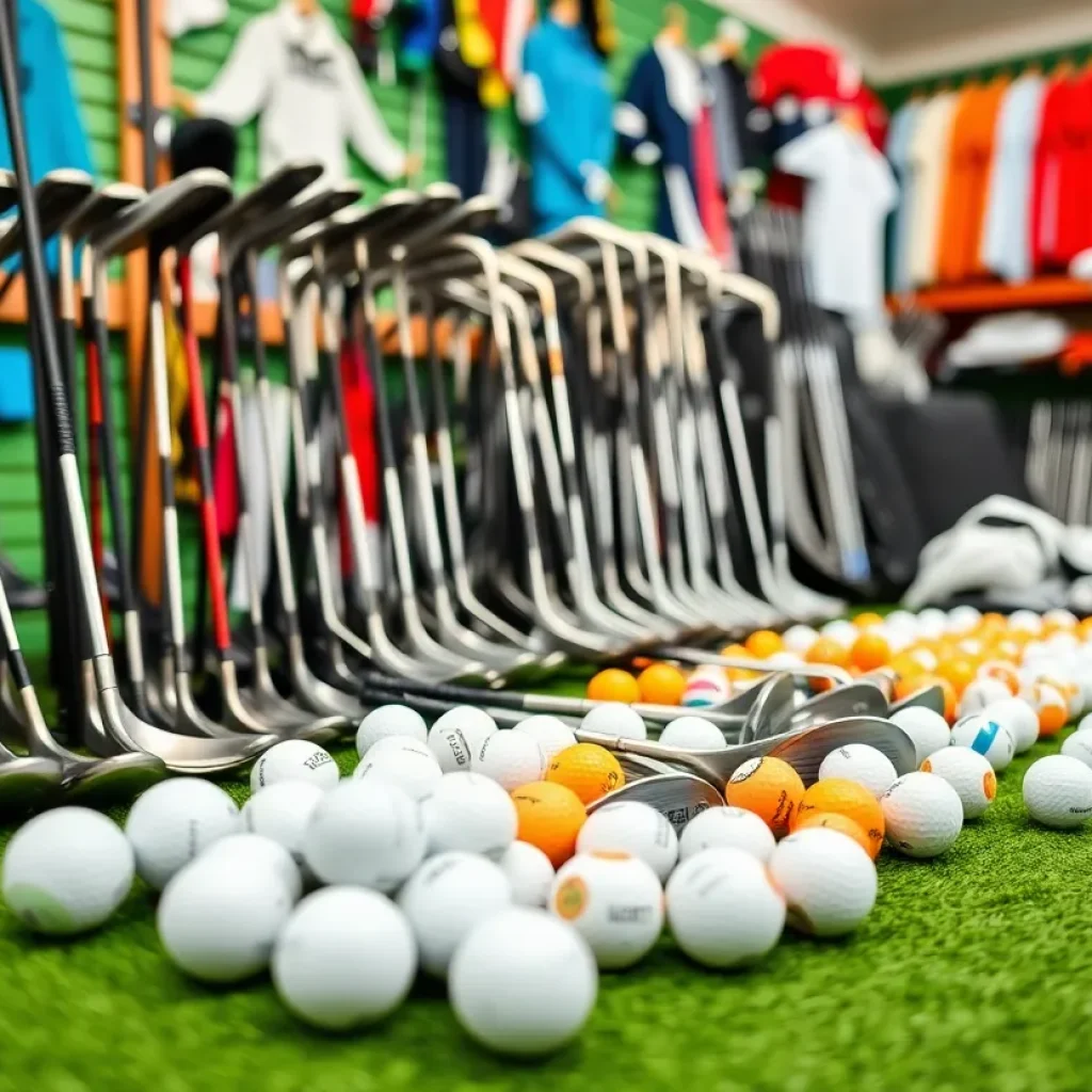 Display of golf equipment including clubs and apparel in a shop
