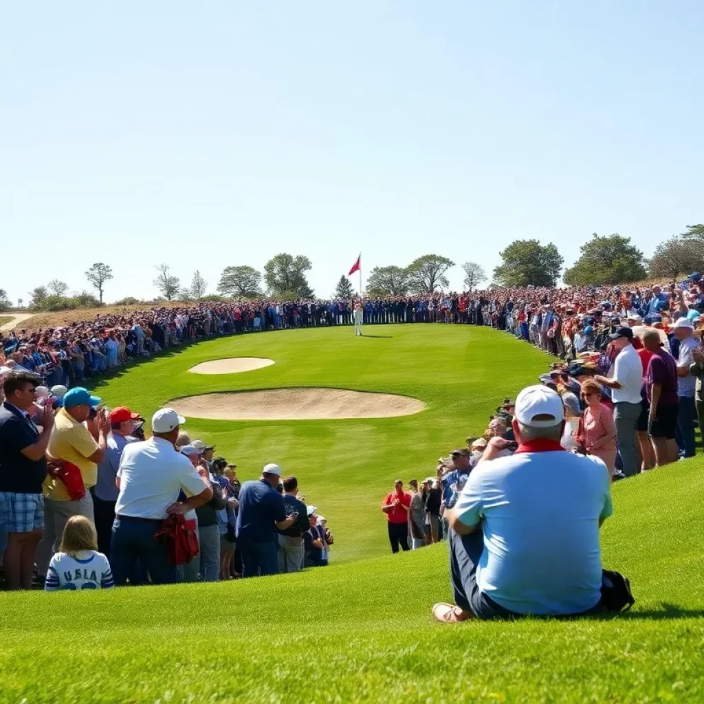 Fans cheering at the golf course during a hole-in-one celebration