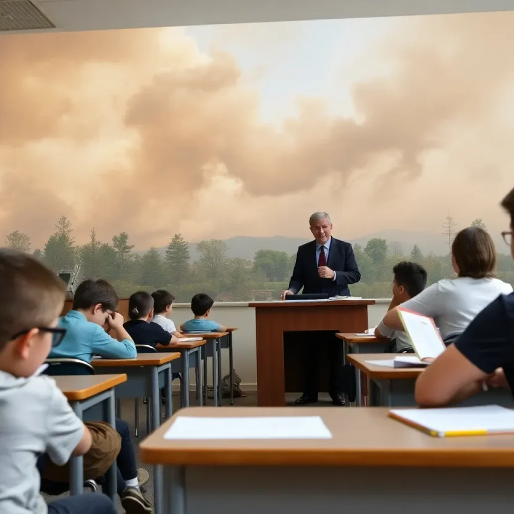 Students learning in class amid wildfire conditions.