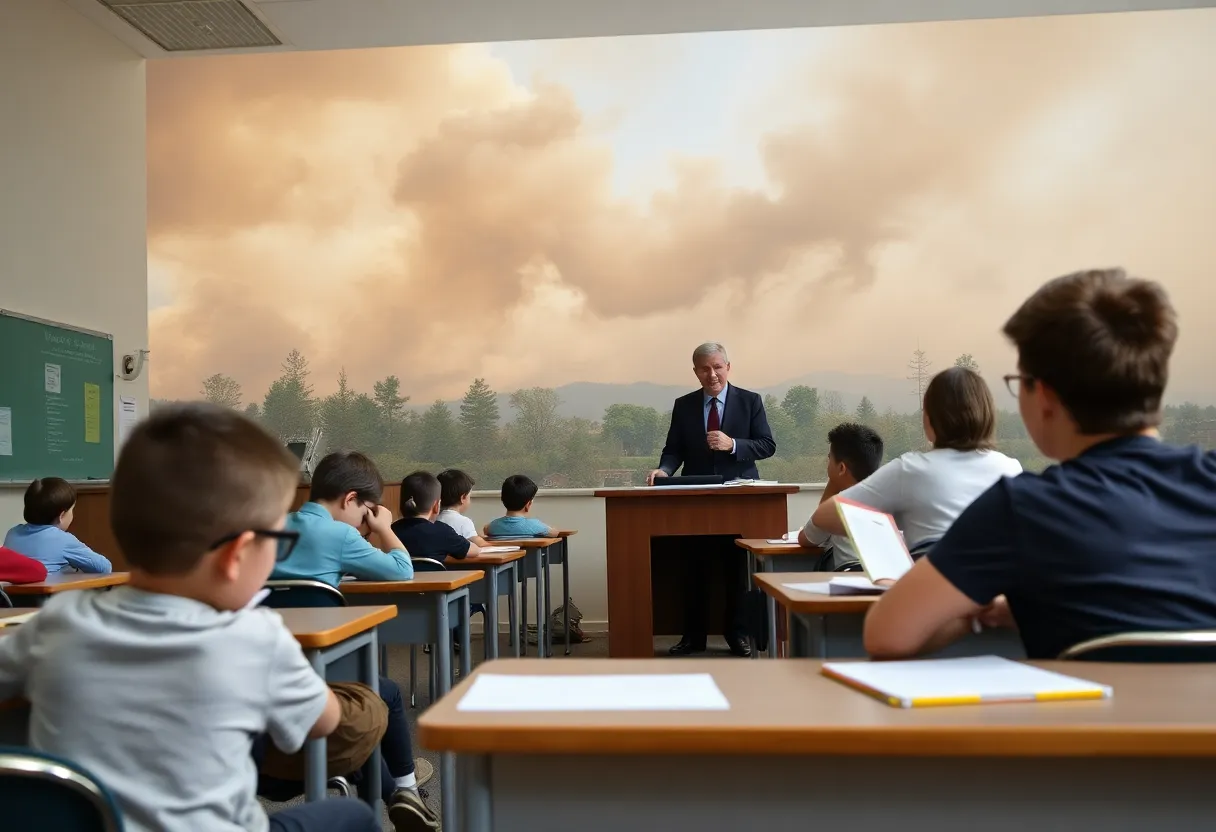 Students learning in class amid wildfire conditions.