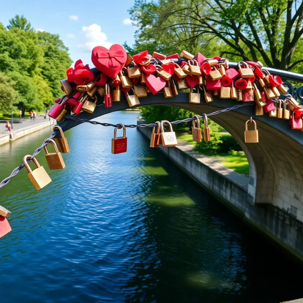 View of the Love Lock Bridge with padlocks