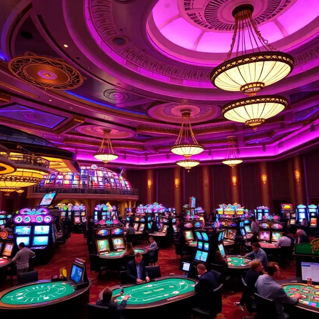 Interior of a luxurious casino with gaming tables and elegant decor