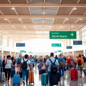 Busy terminal at Myrtle Beach International Airport during Spring Break