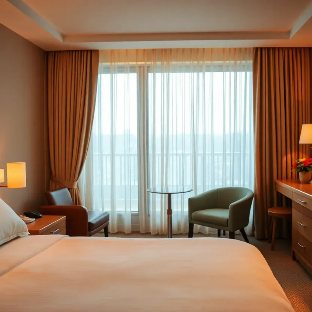 A clean hotel room showcasing a bed and furniture, highlighting concerns about bed bug infestations.