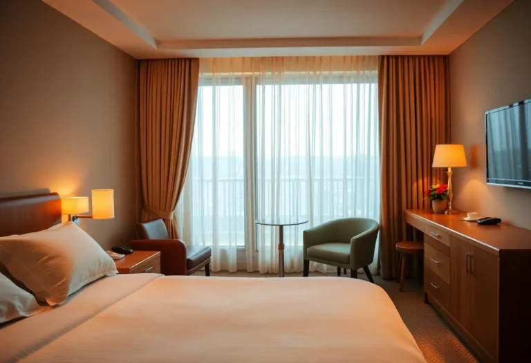 A clean hotel room showcasing a bed and furniture, highlighting concerns about bed bug infestations.