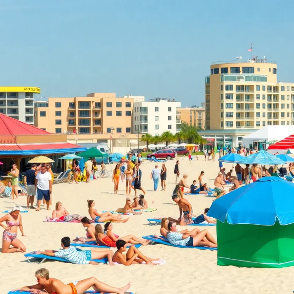 Vibrant Myrtle Beach scene during Spring Break with sunbathers and beach bars.