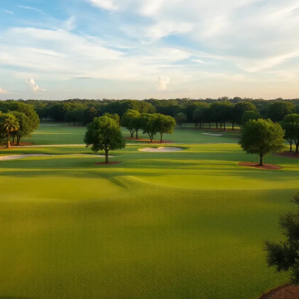 Scenic view of a public golf course in Orlando with green fairways and blue skies