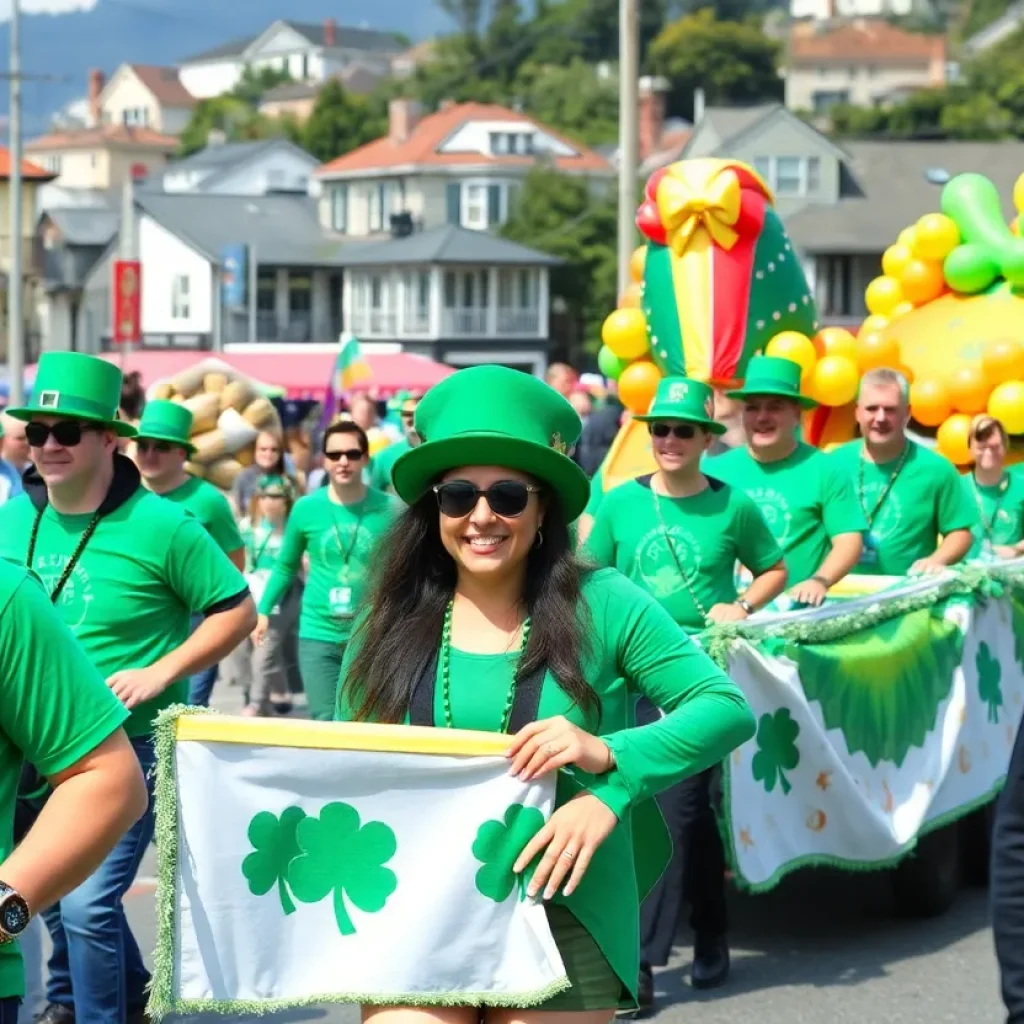 Participants in the St. Patrick’s Day Parade with colorful floats