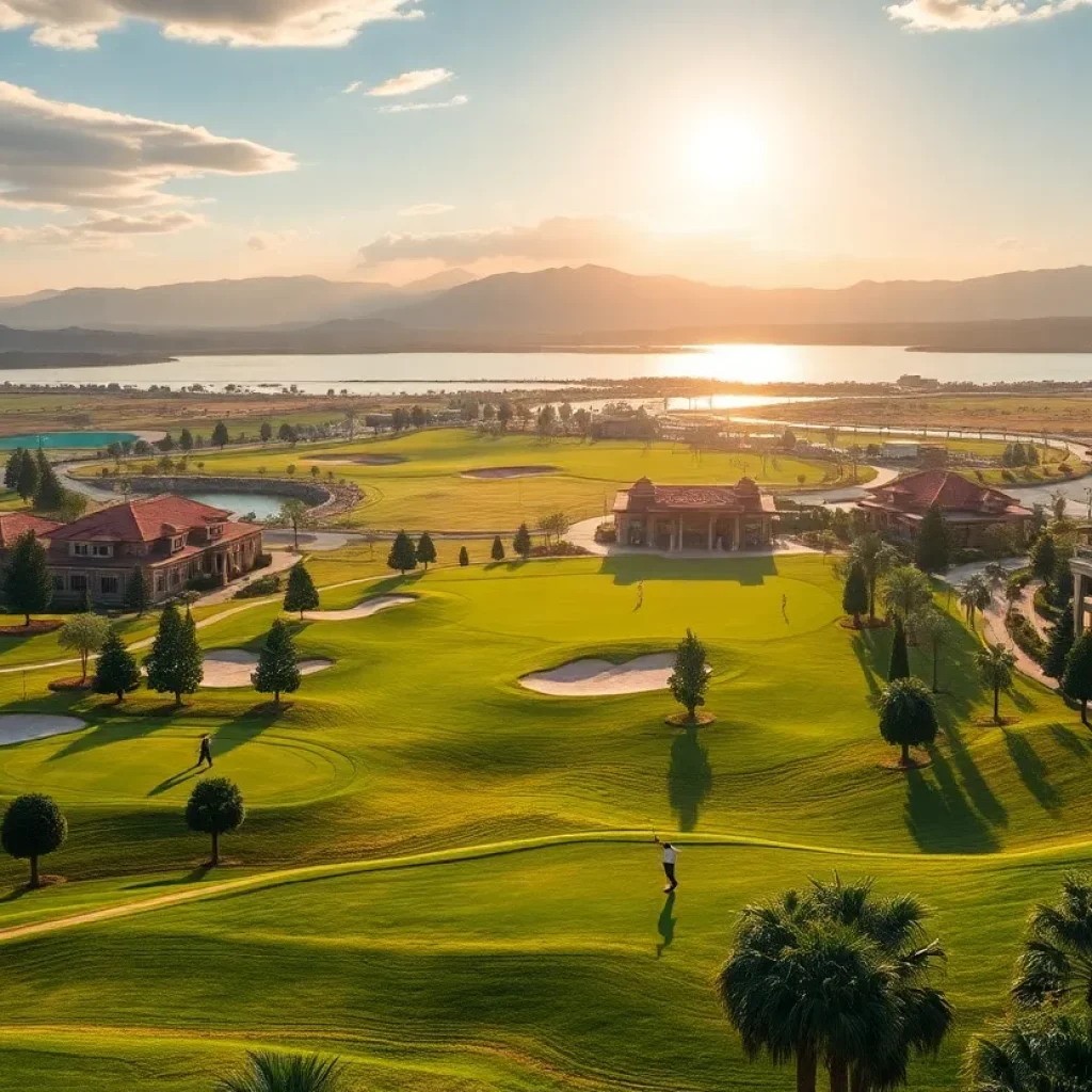 Luxury golf course with casino backdrop