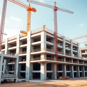 A construction site featuring advanced precast concrete technology and smart sensors.
