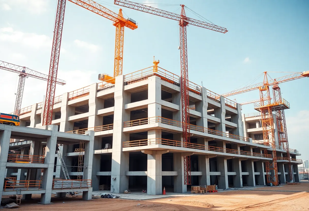 A construction site featuring advanced precast concrete technology and smart sensors.