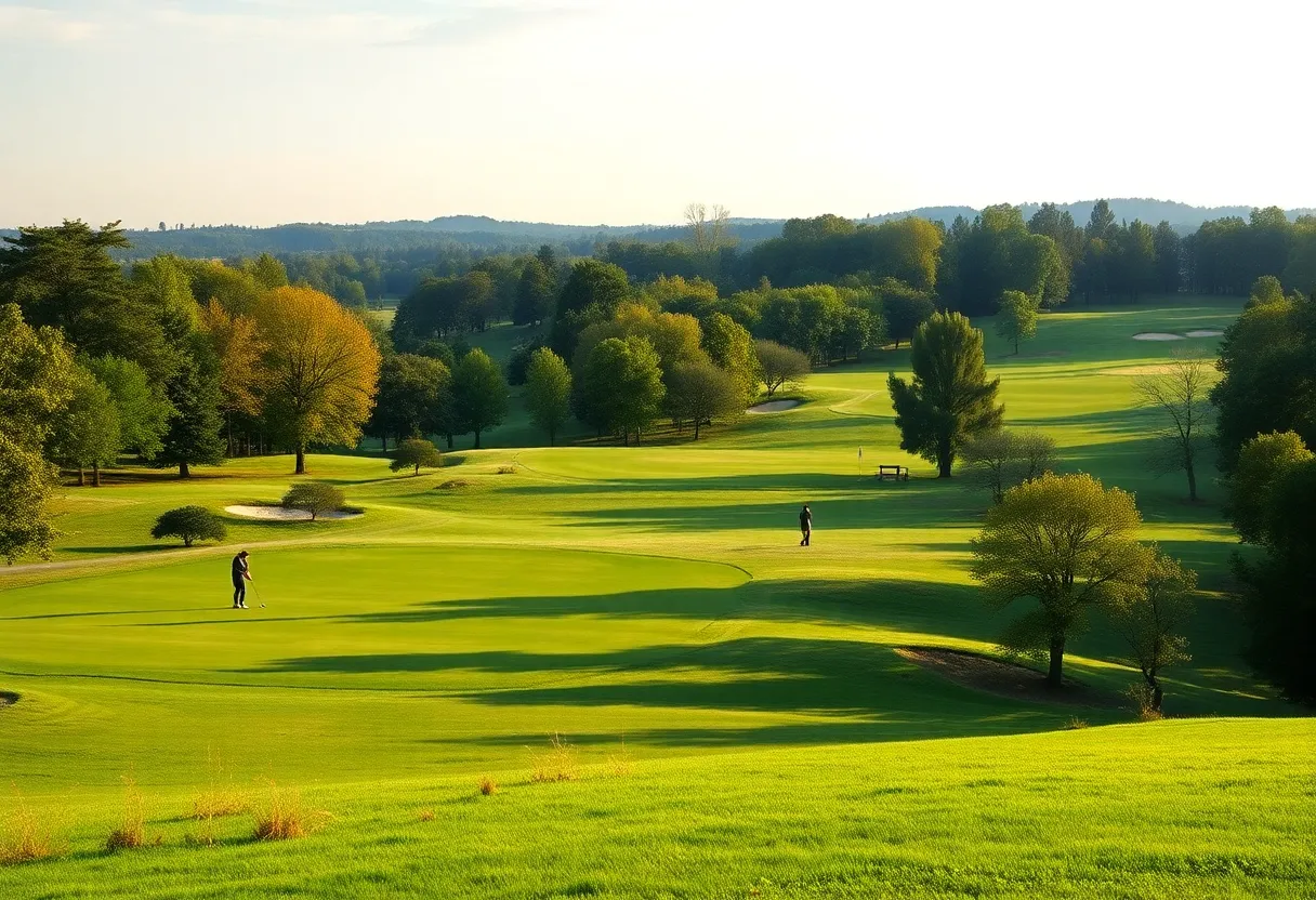 Lush green golf course with golfers playing on a sunny day.