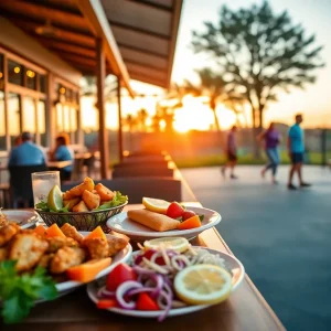Outdoor dining at Bistro B with pickleball courts