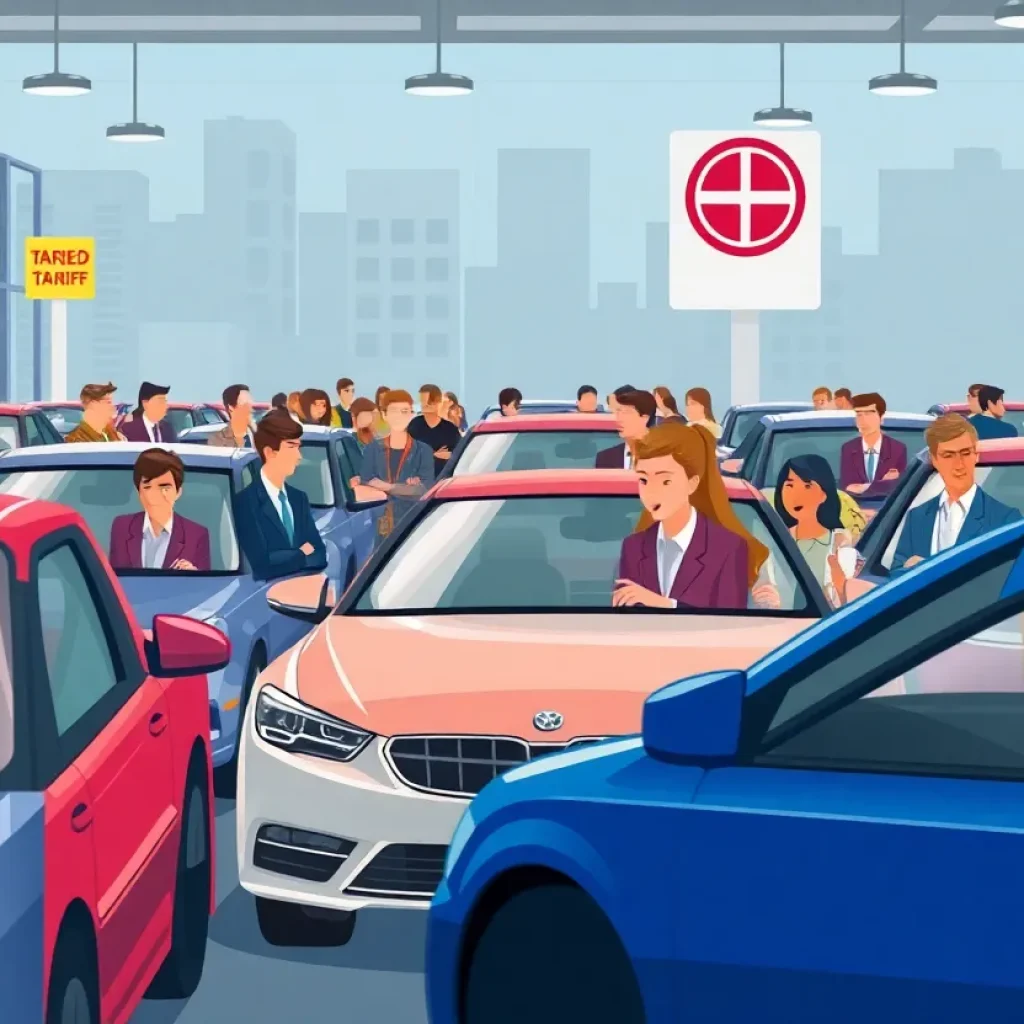 A busy car dealership reflecting the impact of car tariffs.