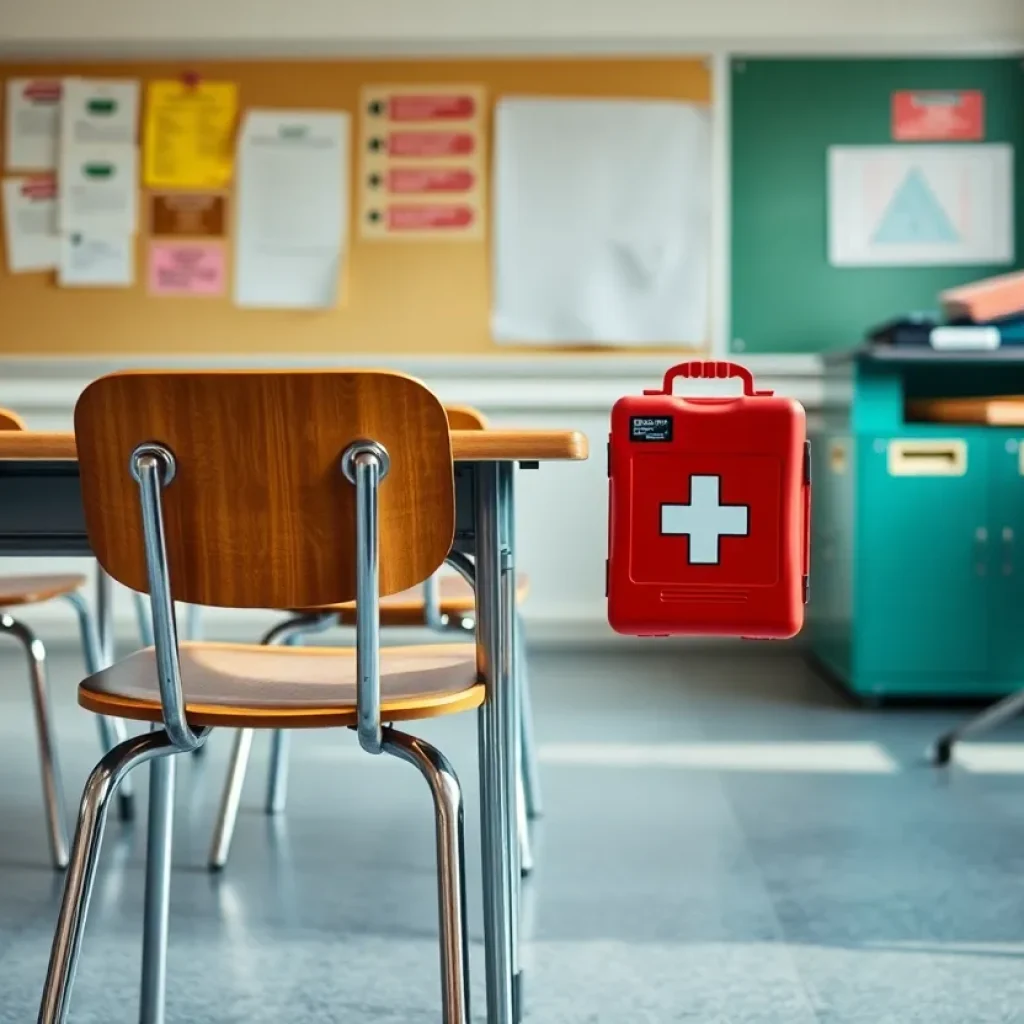 Empty classroom with medical emergency kit