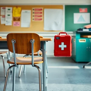 Empty classroom with medical emergency kit
