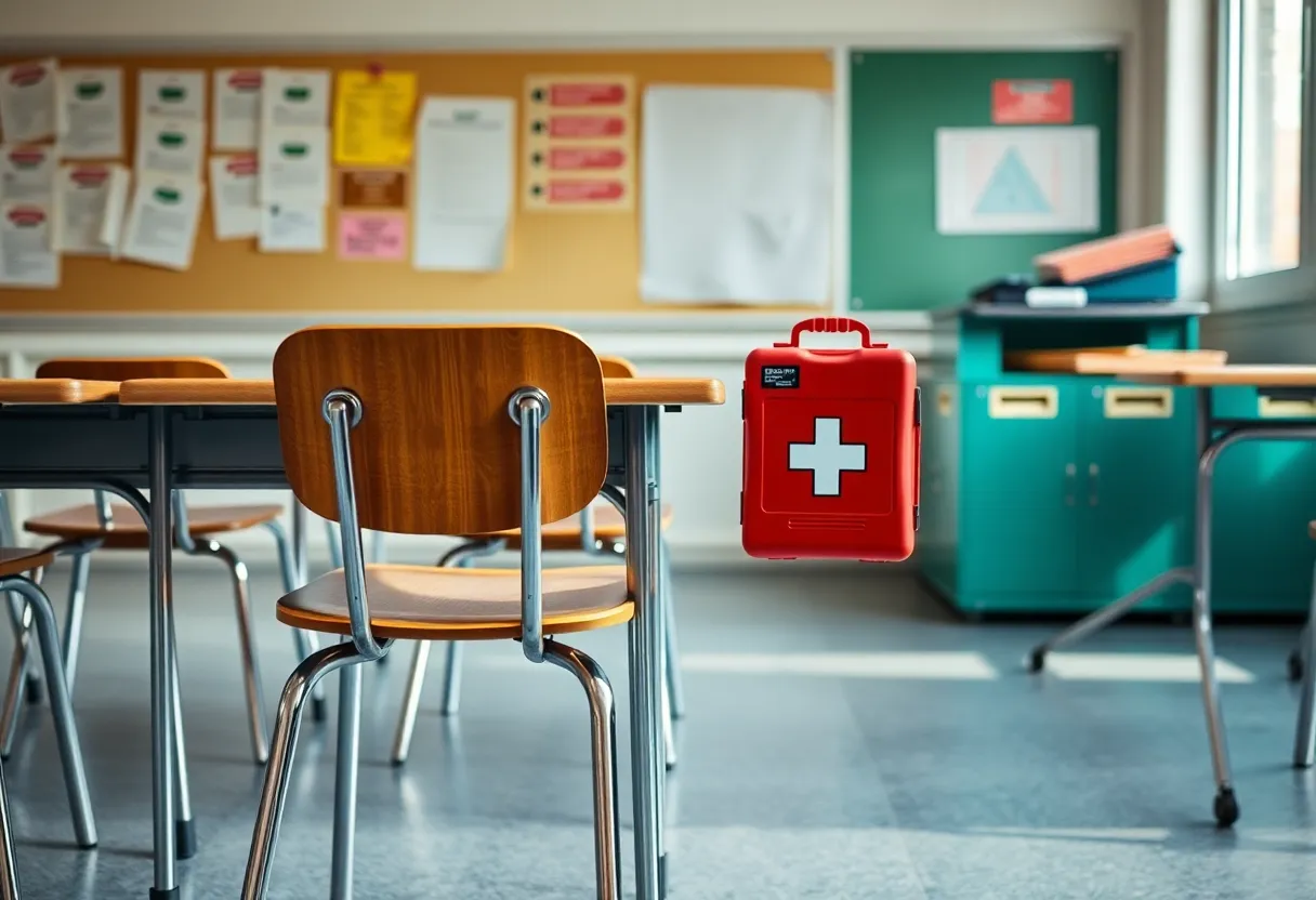 Empty classroom with medical emergency kit