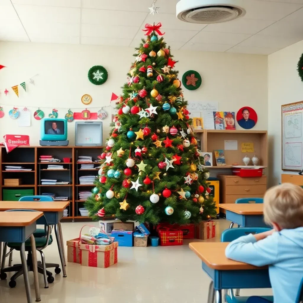 Decorated classroom with Christmas tree and student-made ornaments
