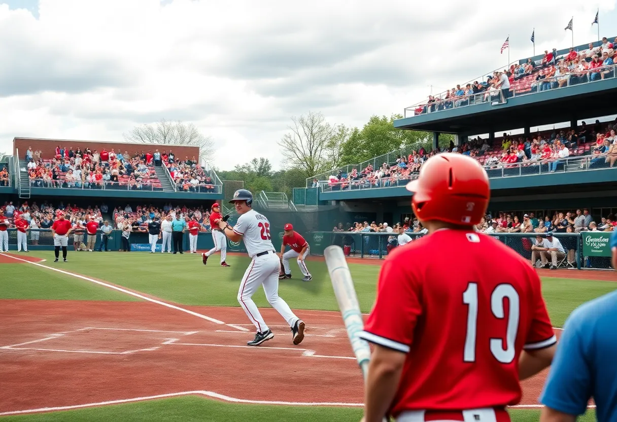 Players in action during a college baseball game in North Carolina