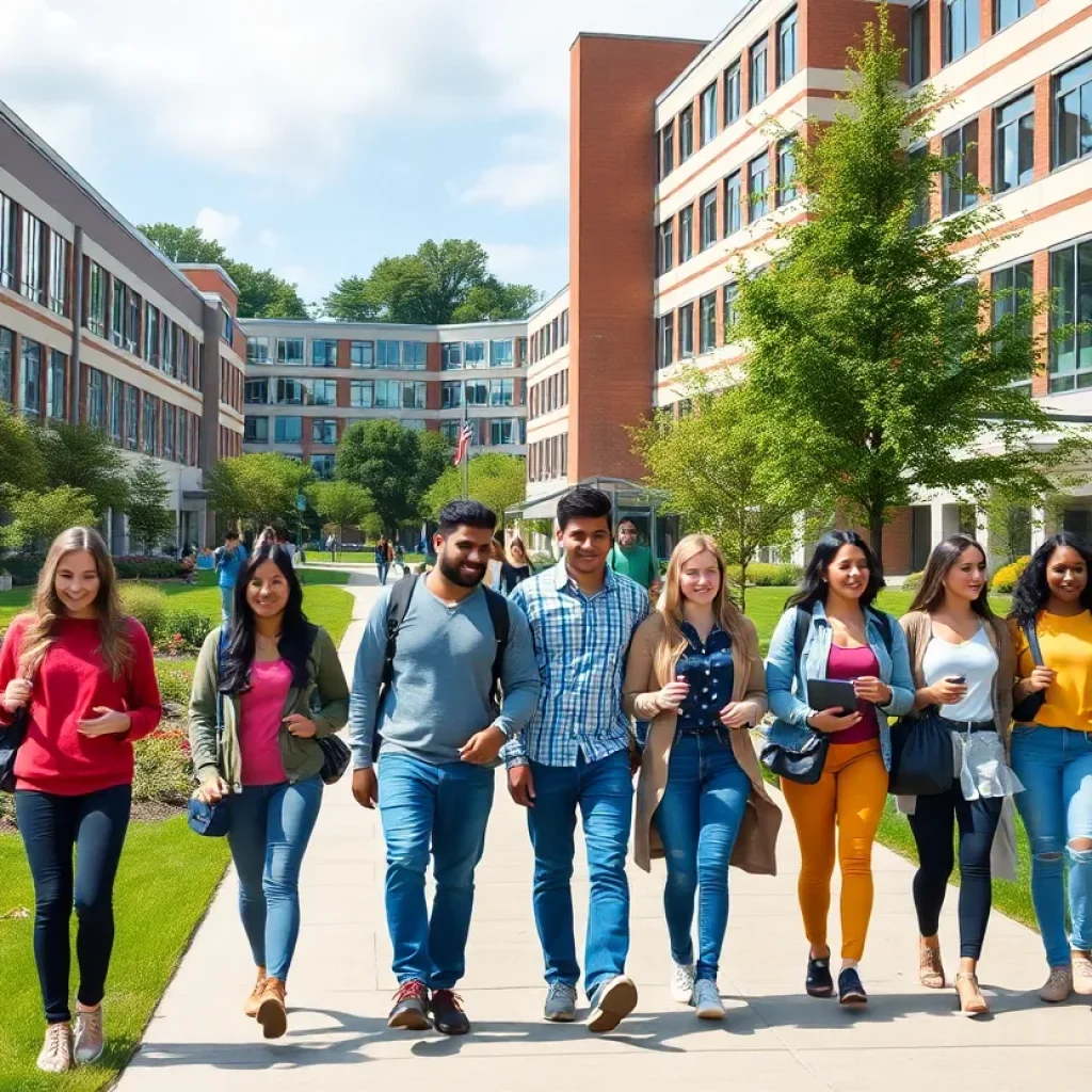 Diverse students walking on a college campus
