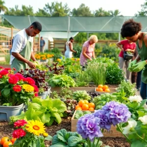 Diverse community members participating in a gardening project with vegetables and flowers.