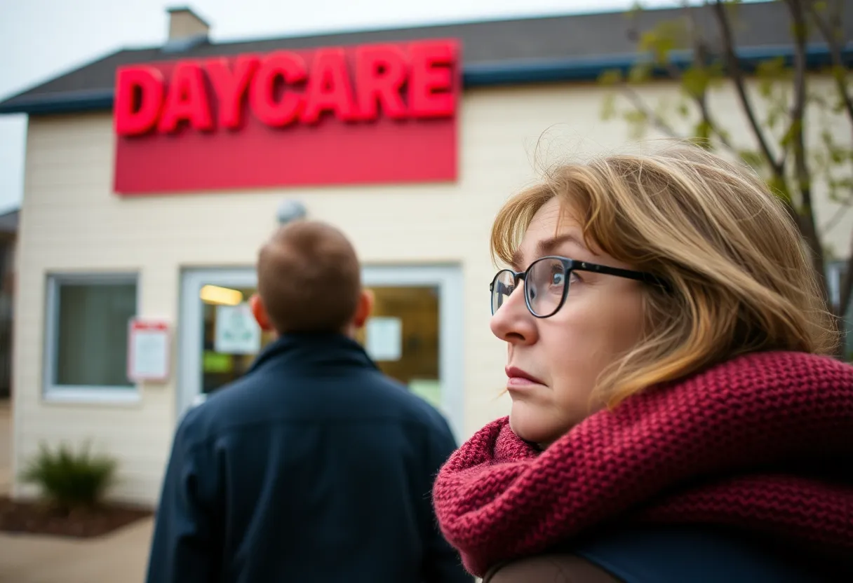 Parent expressing concern outside a daycare center