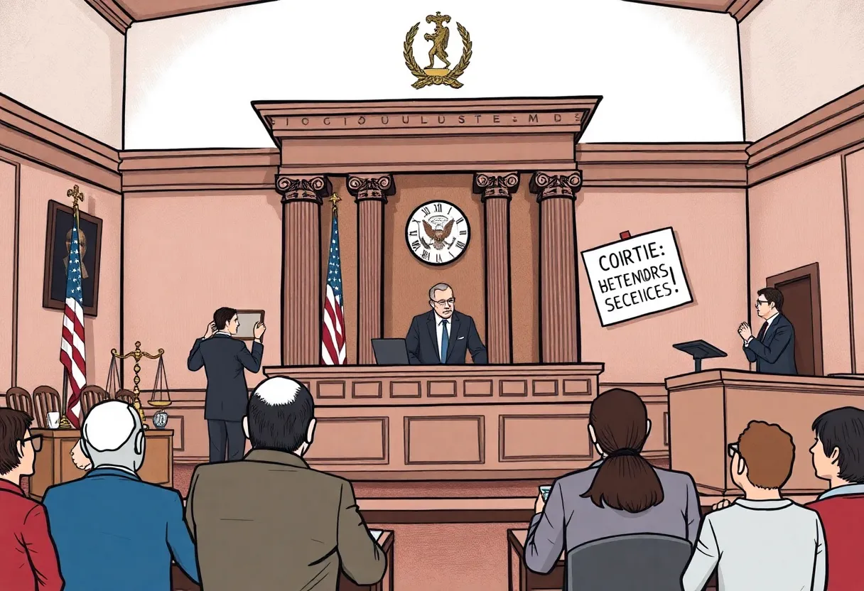 Representation of courtroom justice with symbols of law and civil rights