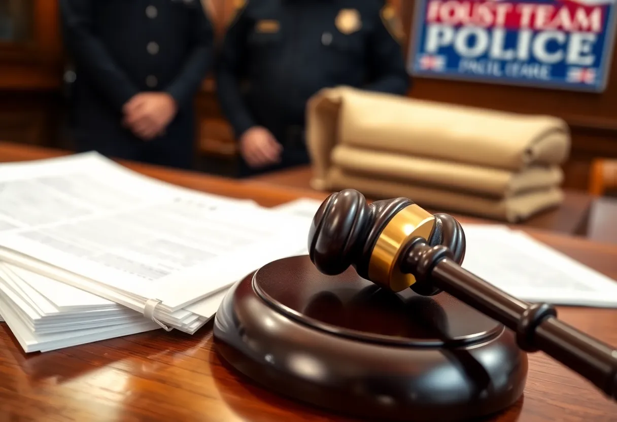 Courtroom scene representing a legal dispute over police misconduct.