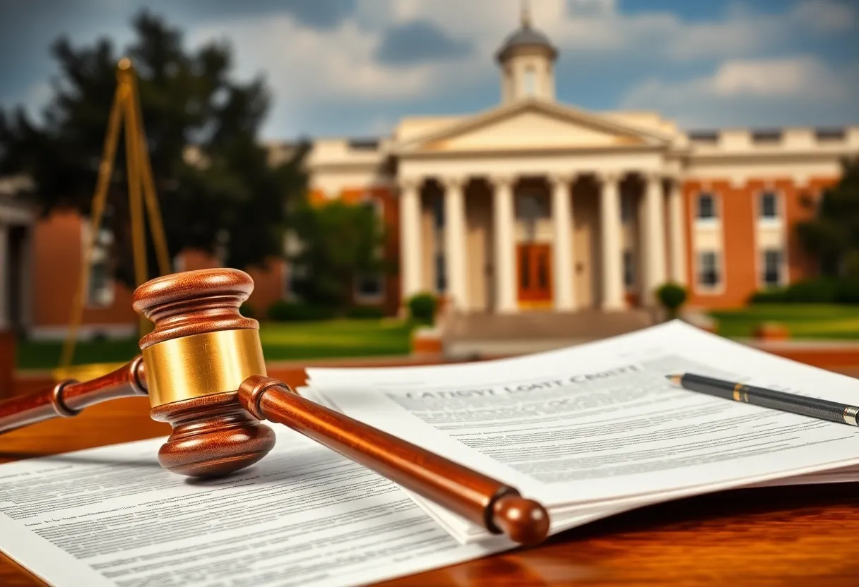 A courtroom setting depicting legal proceedings.