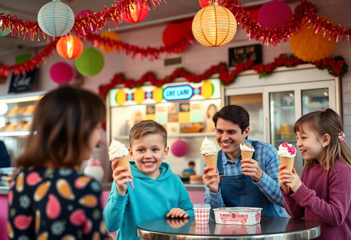 Families enjoying ice cream at Ben & Jerry's Free Cone Day