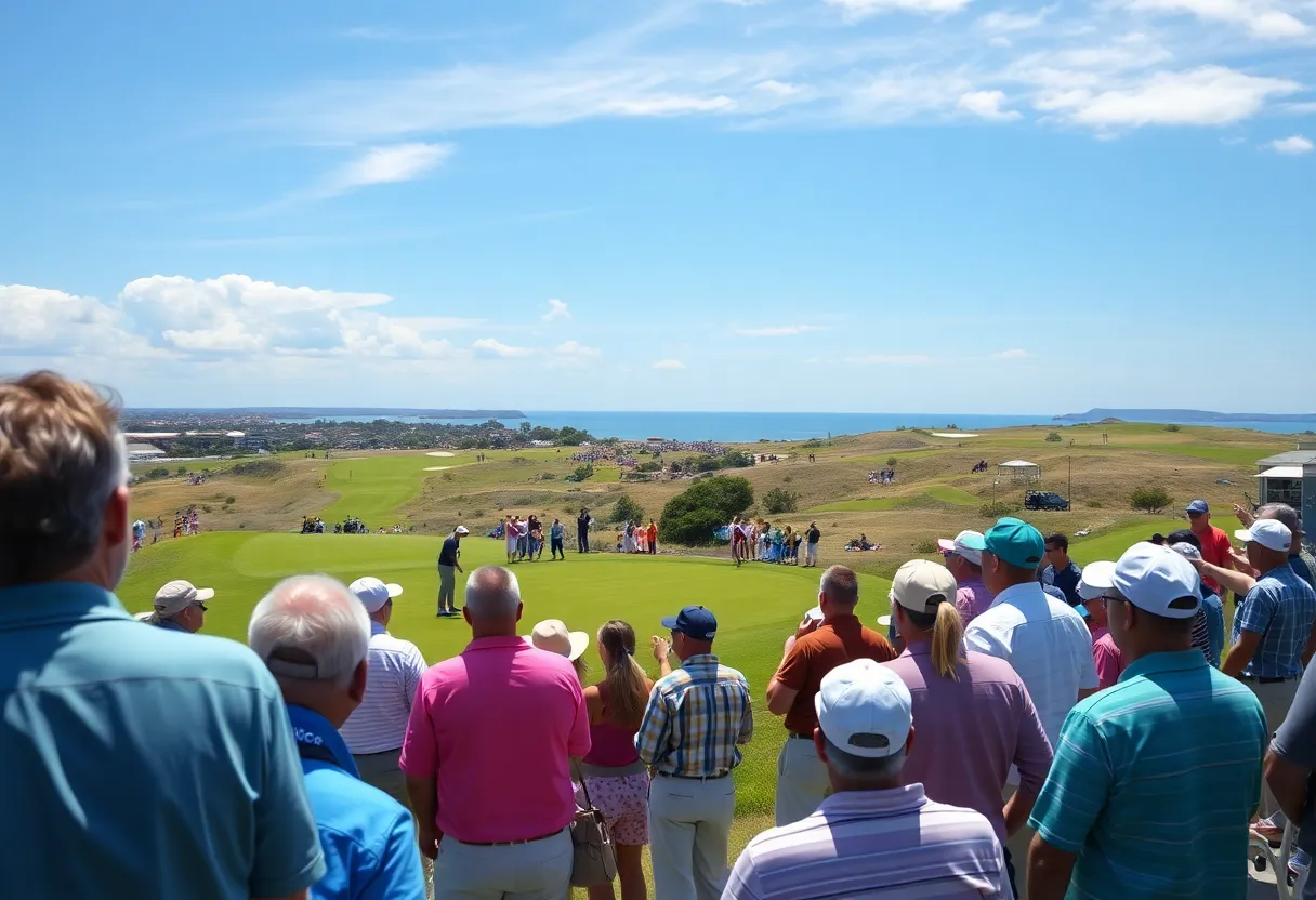 Crowds enjoying a junior golf tournament in a coastal setting.