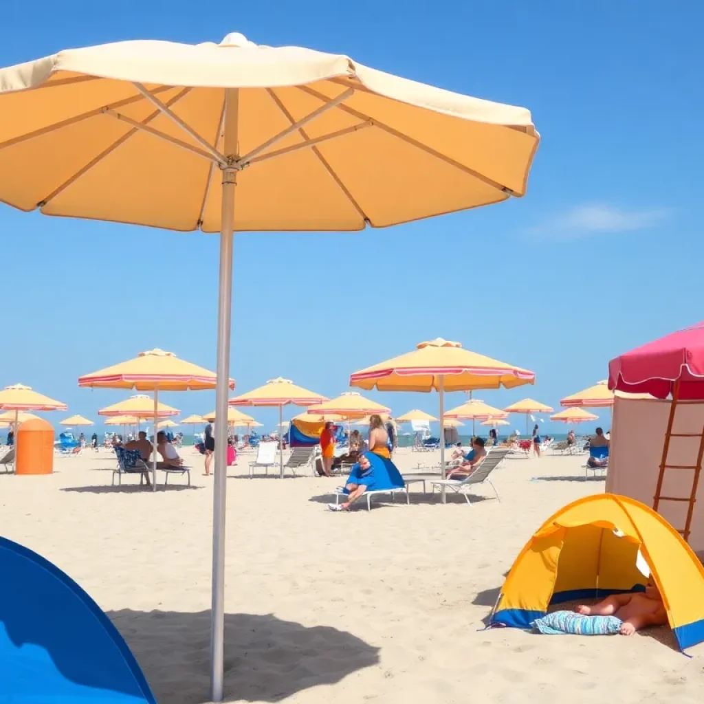A vibrant beach scene displaying different sun shades at Grand Strand.