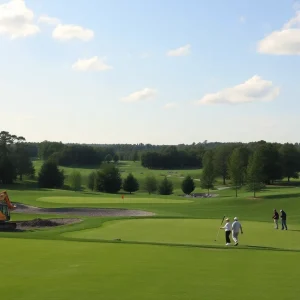 Golfers playing on the renovated front nine of King’s North Course at Myrtle Beach National Golf Club.