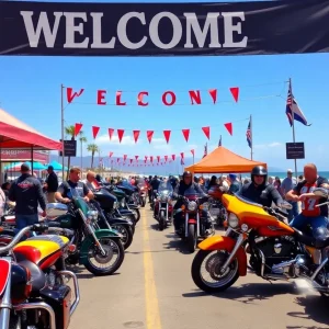 Motorcycle rally at Myrtle Beach showcasing bikers and scenic views