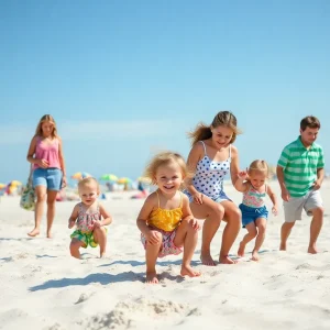 Families enjoying their vacation at Myrtle Beach with beach activities and hotels in the background.