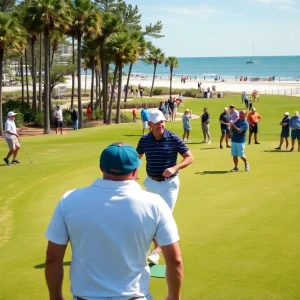 Golfers enjoying a sunny day on a Myrtle Beach golf course with a festive atmosphere.