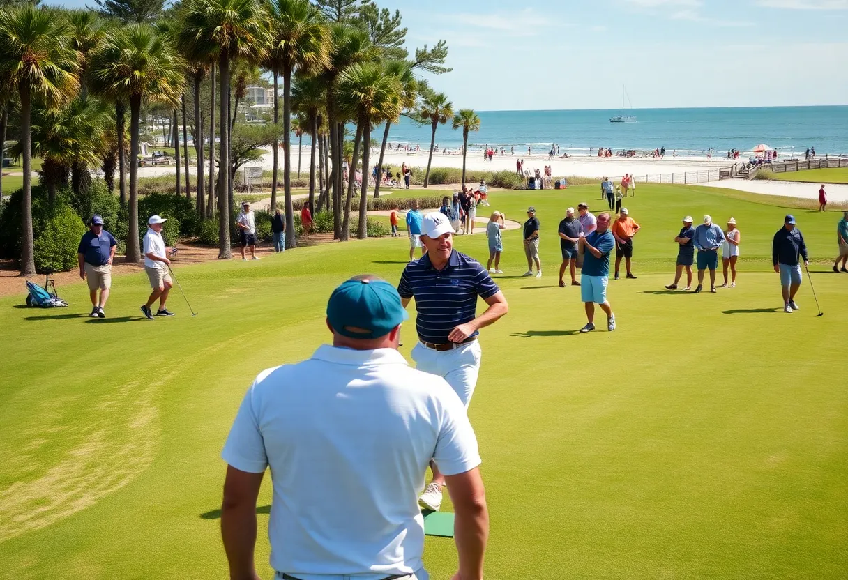 Golfers enjoying a sunny day on a Myrtle Beach golf course with a festive atmosphere.