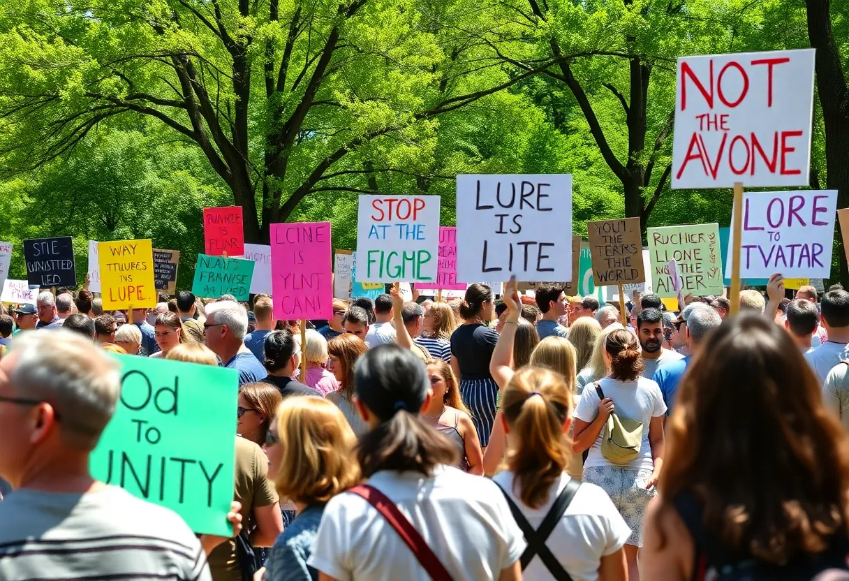 Protesters at Myrtle Beach rally displaying diverse messages of change.