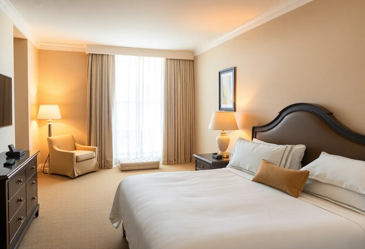 An inviting hotel room at Myrtle Beach with a focus on safety features.